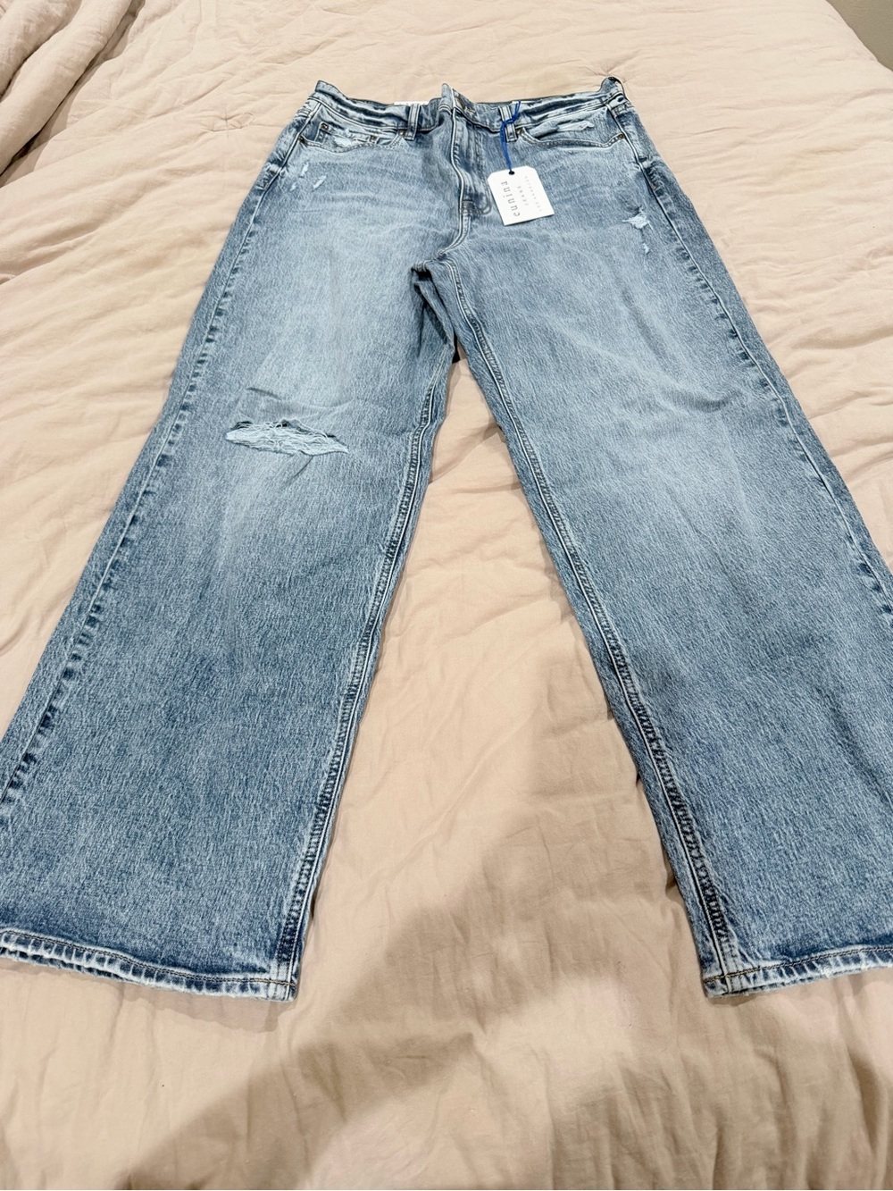 eunina Light Blue Distressed Wide-Leg Jeans